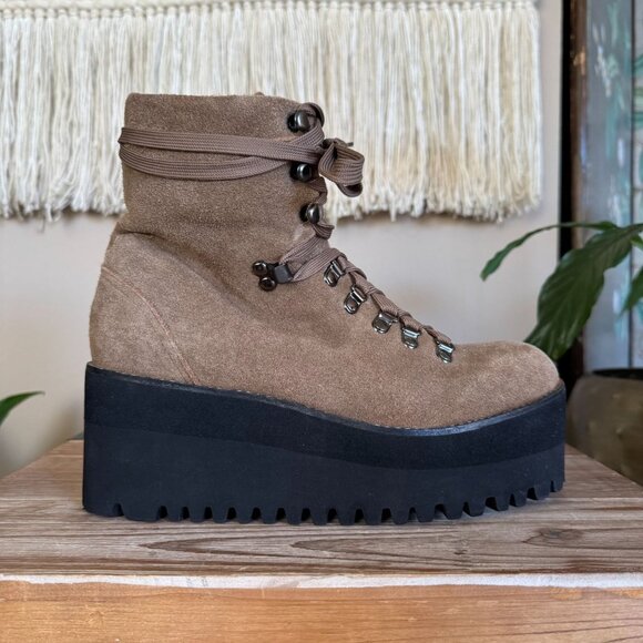 Jeffrey Campbell Tan Genuine Suede Leather Hiking Lug Sole Platform Wedge Boots - Picture 7 of 14